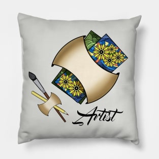 Artist, sketch, drawing tools. Paint brush and pencil Pillow