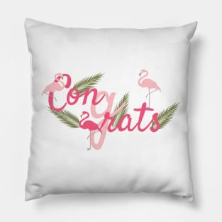 Congrats With Pink Flamingo and Green Palm Leaves Pillow