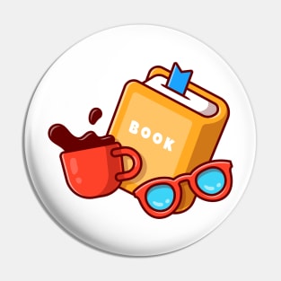 Book, Eyeglasses And Cup Of Coffee Cartoon Pin