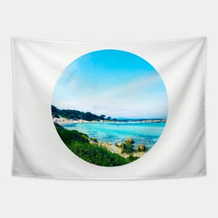 Sunny Blue Ocean Summer Beach Waves With Green Mountains And Palm Trees At The Back Under The Clear Blue Sky Tapestry