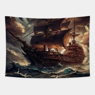 Galleon ship at sea during storm Tapestry