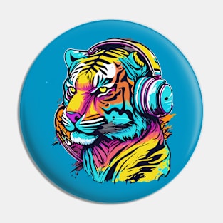 t-shirt design, colorful tiger with headphones on, graffiti art Pin