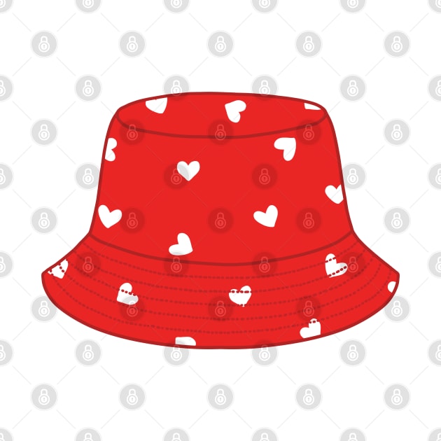 Red bucket hat with white hearts by Nikamii