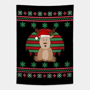 Reindeer Santa Hat Faux Ugly Christmas Sweater Funny Holiday Design Tapestry