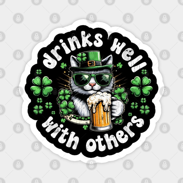 Drinks Well with others funny cat drinking beer St Patrick's day Magnet by RetroPrideArts