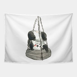 Panda playing on a wheel swing Tapestry