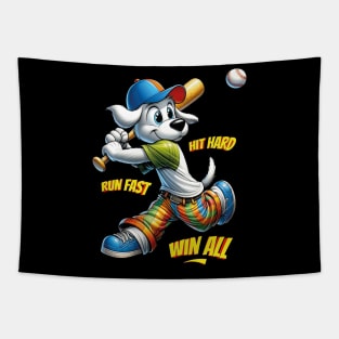 Youth Baseball Motivation Cartoon Dog Tee Hit Hard Run Fast Win All Tapestry