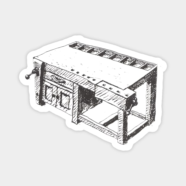 Modern bench complete with drawer and cabinet- vintage book illustration from "Old Ways of working wood - The techniques and tools of a time-honored craft" by Alex W. Bealer 1980 Magnet by One Eyed Cat Design