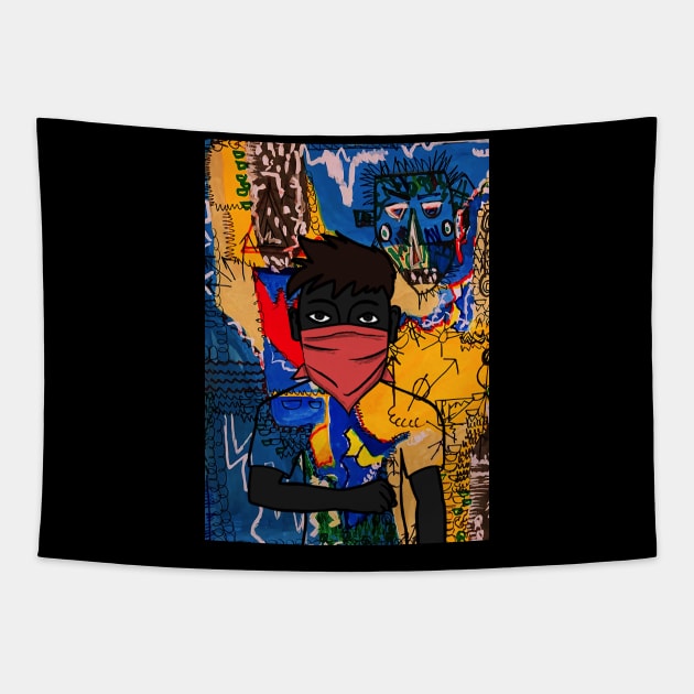 Conqueror - Dark Male Character with Basic Mask and Street Art Background Tapestry by Hashed Art