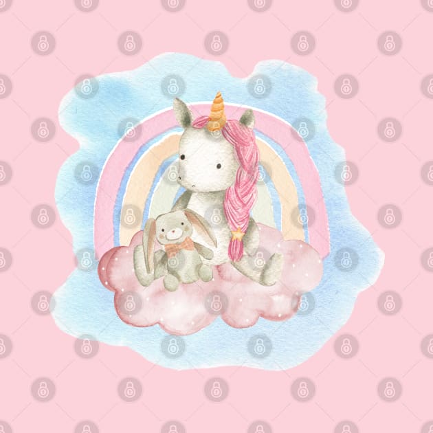 Cute pink baby unicorn with her favourite bunny toy sitting on a fluffy pink cloud by Vallia Rose