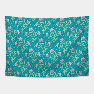 Pop of Pink Flowers - Bright Floral Pattern on Turquoise Tapestry