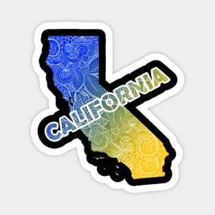 Colorful mandala art map of California with text in blue and yellow Magnet