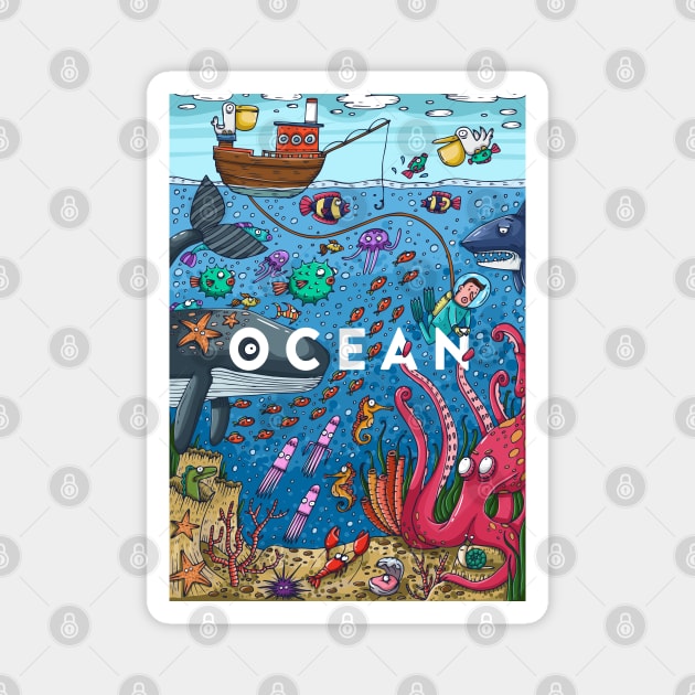 Ocean life colorful illustration Magnet by Mako Design 
