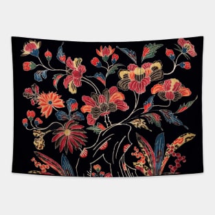 COLORFUL FLOWERS AND BLOSSOMS Antique Japanese Floral In Black Tapestry