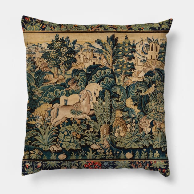 FANTASTIC ANIMALS AND HORSES IN WOODLAND Blue Green Ivory Antique French Tapestry Pillow by BulganLumini