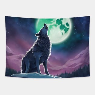 Nature Galaxy Starry Night Full Moon Howling Wolf Tapestry