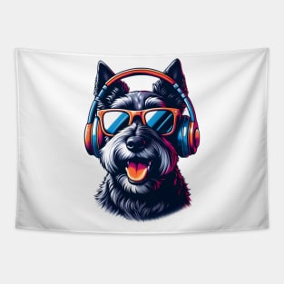 Smiling Scottish Terrier DJ Charms in Japanese Aesthetic Tapestry