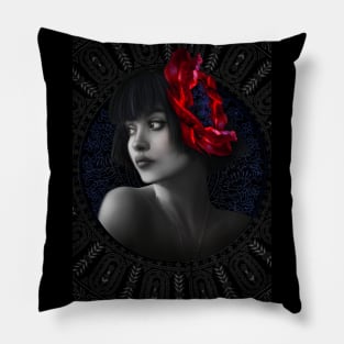 Black and white red flower girl portrait digital artwork Pillow