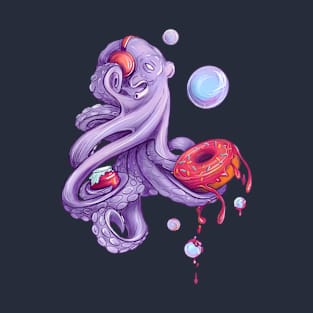 Octopus with donut and jam and red headphones with music. Bright artwork T-Shirt