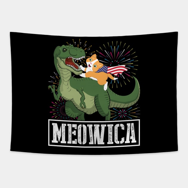 Cat With US Flag Riding Dinosaur And Fireworks MEOWICA Happy Independence July 4th Day American Cats Tapestry by Cowan79