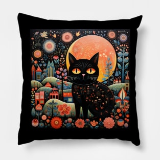 Surrealistic Folk Art Dark Floral Motif Black Cat Design Pillow