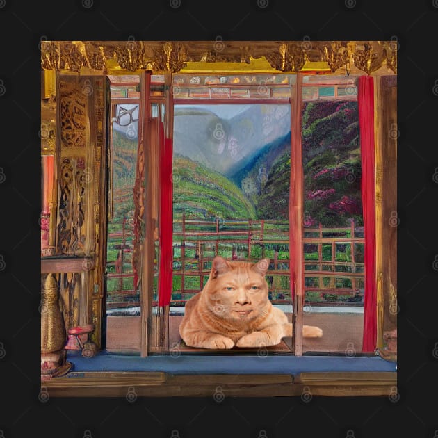 Eckhart Tolle Zen Master Cat On a Temple Terrace Overlooking Mountains by SubtleSplit