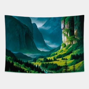 Misty Valley with Lush, Green Pine Forest Tapestry