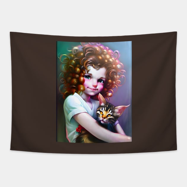 Adorable girl with cat - Modern digital art Tapestry by Ai-michiart