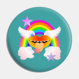 Groovy Winged Lips, Rainbow & Stars - ORANGE Pin