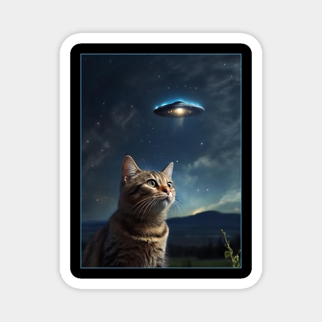 Cat with UFO Alien Magnet by QuirkyQuest Creations