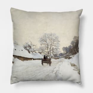 A Cart on the Snowy Road at Honfleur by Claude Monet Pillow