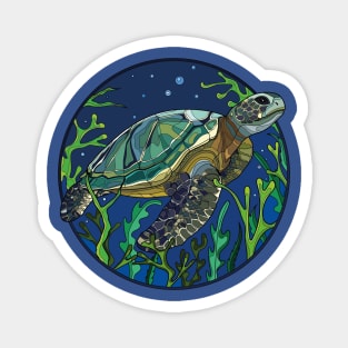 Ocean Harmony: Stained Glass Style Circle Design T-Shirt with Sea Turtle Magnet