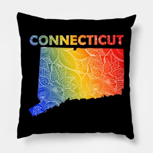 Colorful mandala art map of Connecticut with text in blue, yellow, and red Pillow