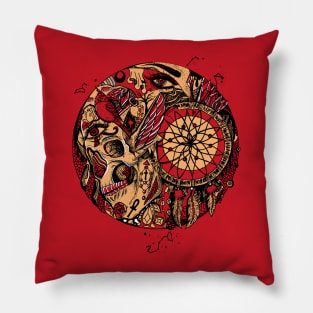 Red Cream Skull and Dreamcatcher Circle Pillow