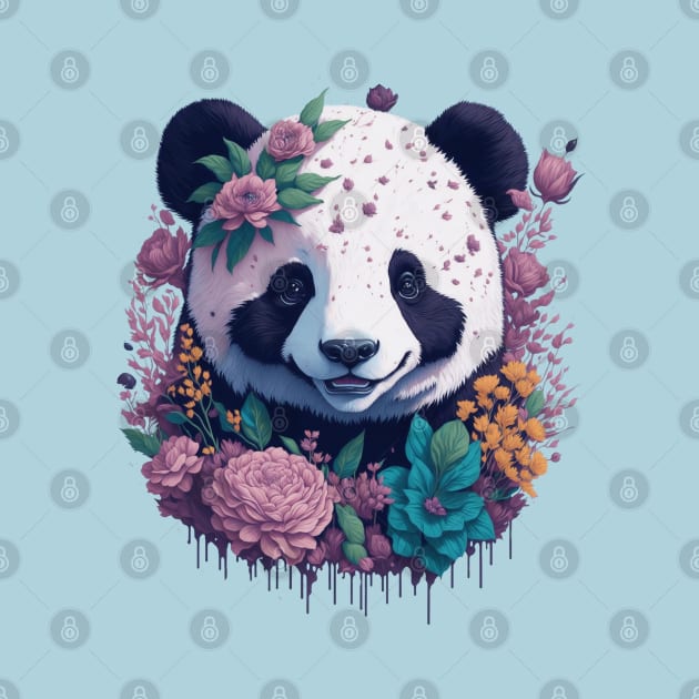 Cute smiling Panda bear with florals and foliage t-shirt design, apparel, mugs, cases, wall art, stickers, travel mug by LyndaMacDesigns