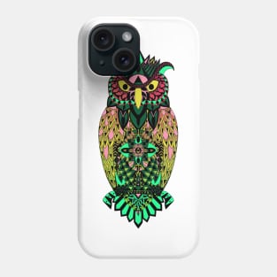 fluorescent luminicent psychodelic owl in pattern wisdom of wonders ecopop wallpaper art tribal zendoodle of flowers Phone Case