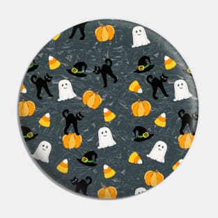 Cute Halloween Black Cat Pumpkin Ghost Witch Hat on Grey Crackle Pin