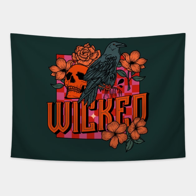 Wicked - crow, skull, animals, birds, pink, punk, green, orange, aesthetics, floral, flowers Tapestry by magyarmelcsi