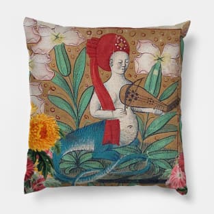 FAIRY MELLUSINA MAKING MUSIC AMONG FLOWERS Weird Medieval Bestiary Pillow