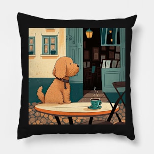 Adorable Dog in a French Bistro Coffee Illustration Pillow