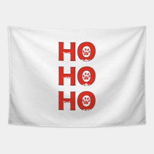 Christmas red Ho Ho Ho slogan with doodle white paw print Tapestry