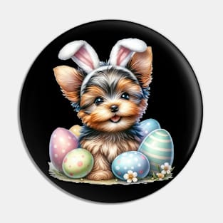 Puppy Yorkshire Terrier Bunny Ears Easter Eggs Happy Easter Pin