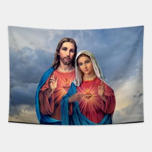 Twin Hearts (Jesus and Mary) close together with sky background Tapestry