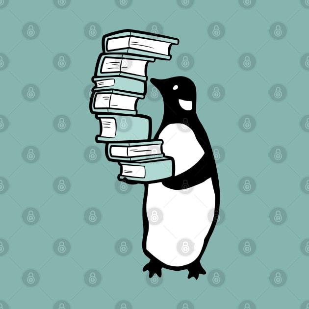 Penguin holding pile of books by indiebookster