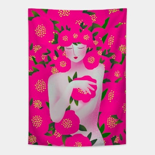 Cute girl with pink flowers, version 4 Tapestry