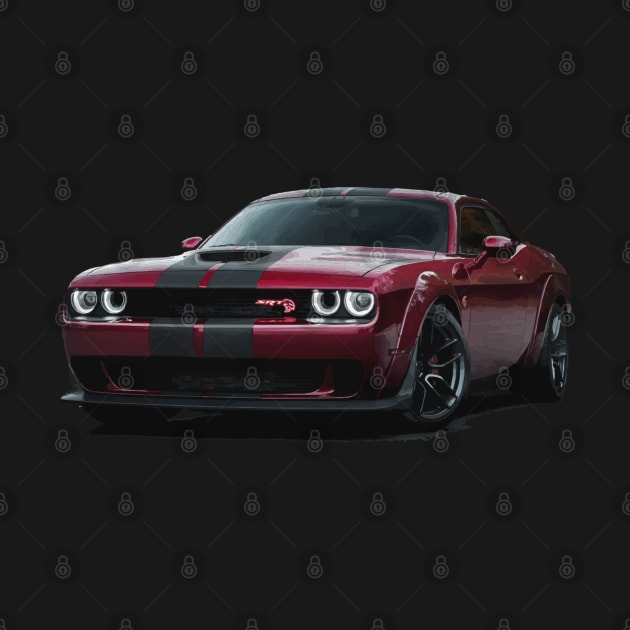 Blazing Passion: RED Dodge Challenger Fiery Full Body Posterize Car Design by GearHead Threads