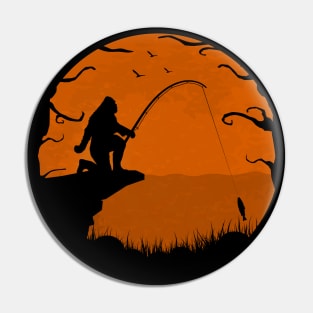 Fishing Bigfoot Sunset - Retro Bigfoot Pin