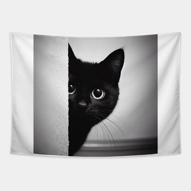Monochrome Wall Peek Sneaky Cat Tapestry by PhotoSphere