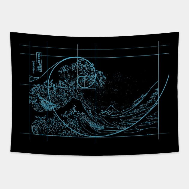 Hokusai Meets Fibonacci, Golden Ratio, Blue Line Tapestry by cartogram