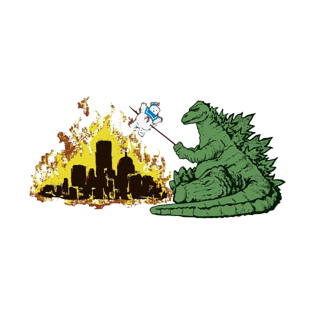 Godzilla vs Marshmallowman by Uwantmytees